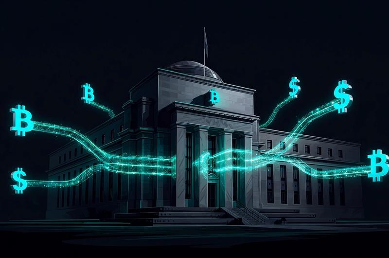 Federal Reserve building connected by glowing blockchain payment rails to bitcoin and stablecoin symbols