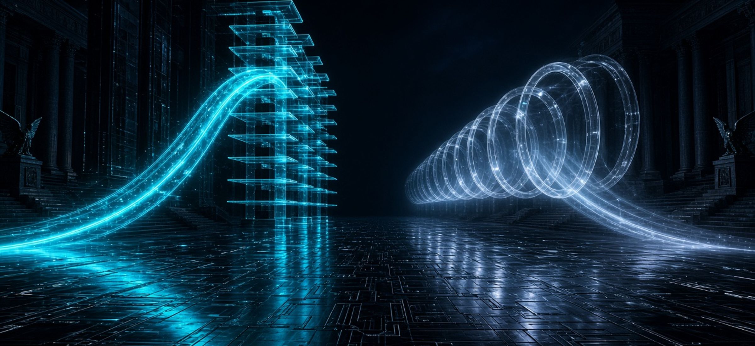 Dark Terminal Luxe illustration of twin cyan regulatory corridors over an obsidian federal plaza