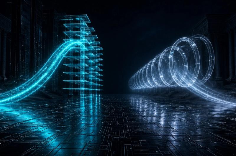 Dark Terminal Luxe illustration of twin cyan regulatory corridors over an obsidian federal plaza
