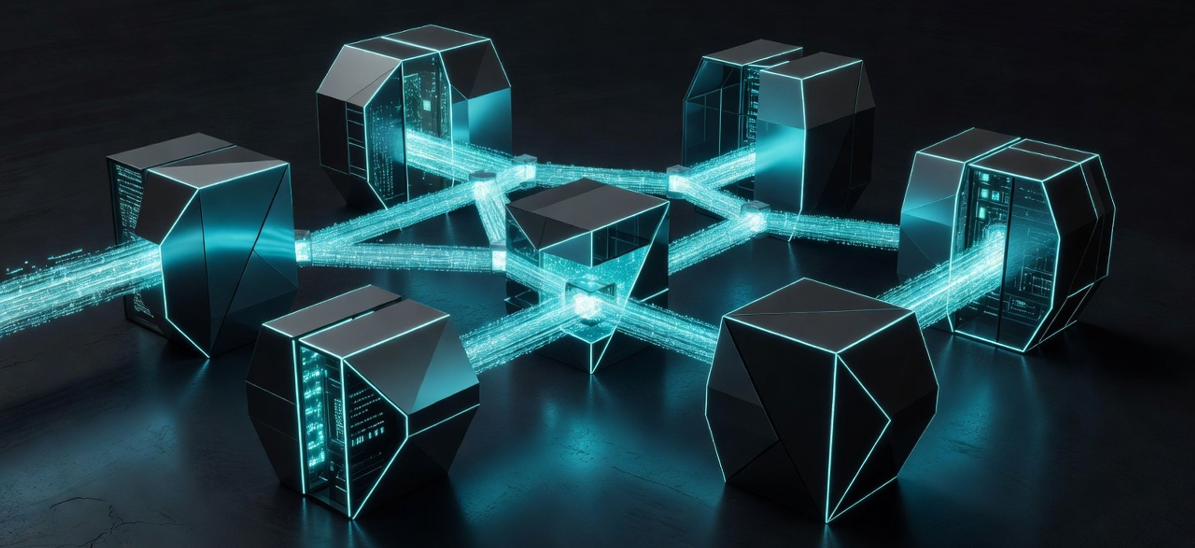 Geometric vault shapes connected by glowing data streams representing institutional DeFi lending infrastructure, dark obsidian background with cyan neon accents