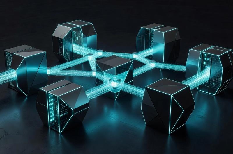 Geometric vault shapes connected by glowing data streams representing institutional DeFi lending infrastructure, dark obsidian background with cyan neon accents