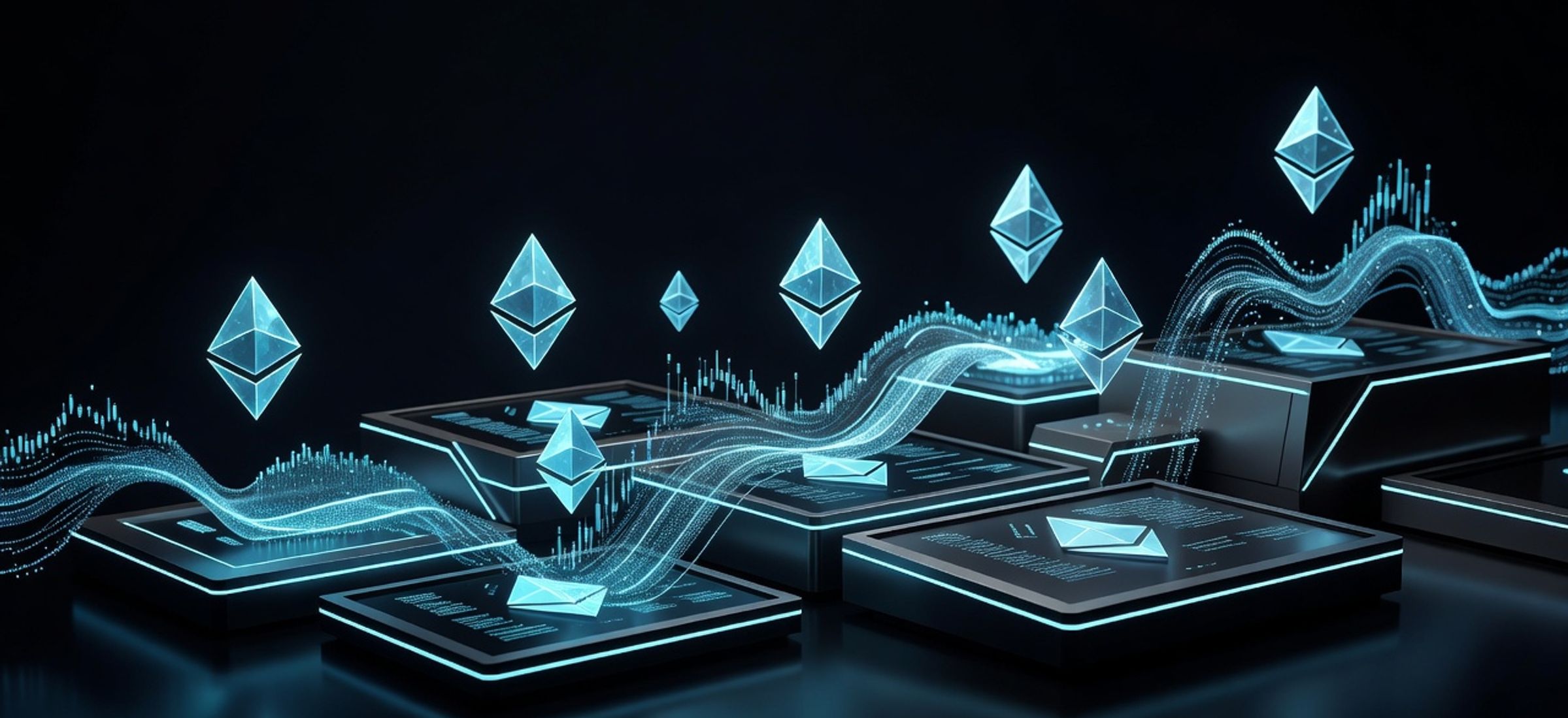 Glowing Ethereum diamond logos rising above institutional trading terminals with electric cyan accents on a dark obsidian background