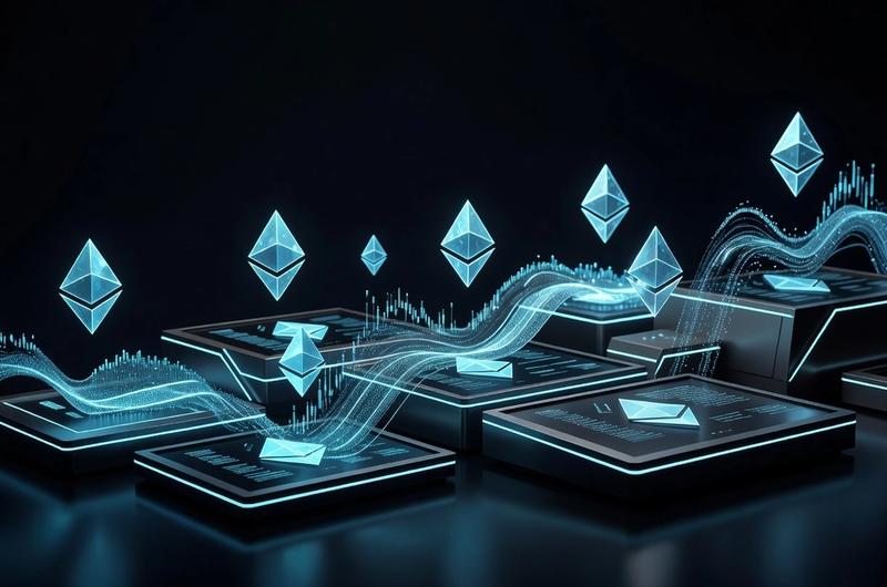 Glowing Ethereum diamond logos rising above institutional trading terminals with electric cyan accents on a dark obsidian background