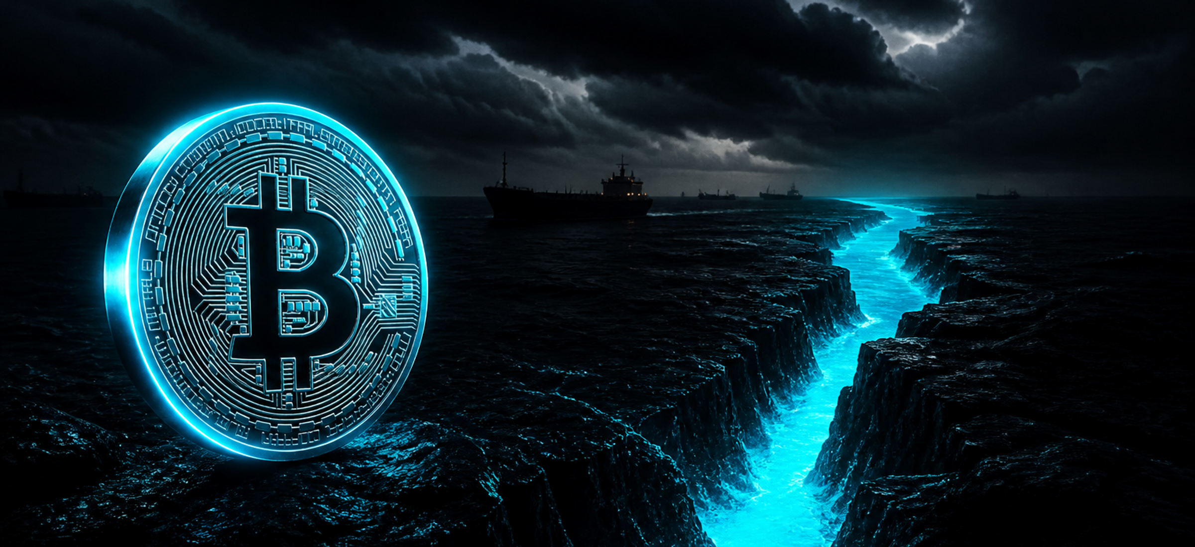 Abstract Terminal Luxe illustration of Bitcoin and a glowing strait under dark skies