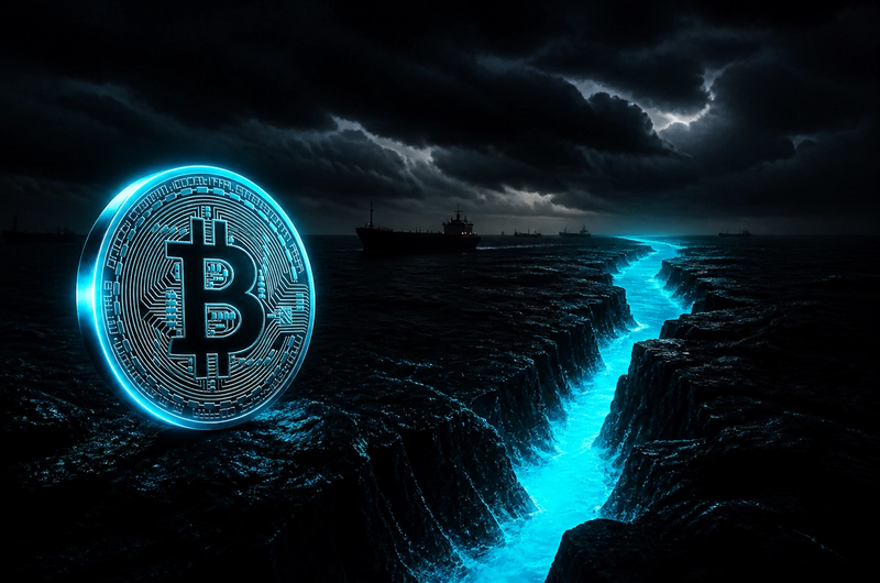 Abstract Terminal Luxe illustration of Bitcoin and a glowing strait under dark skies