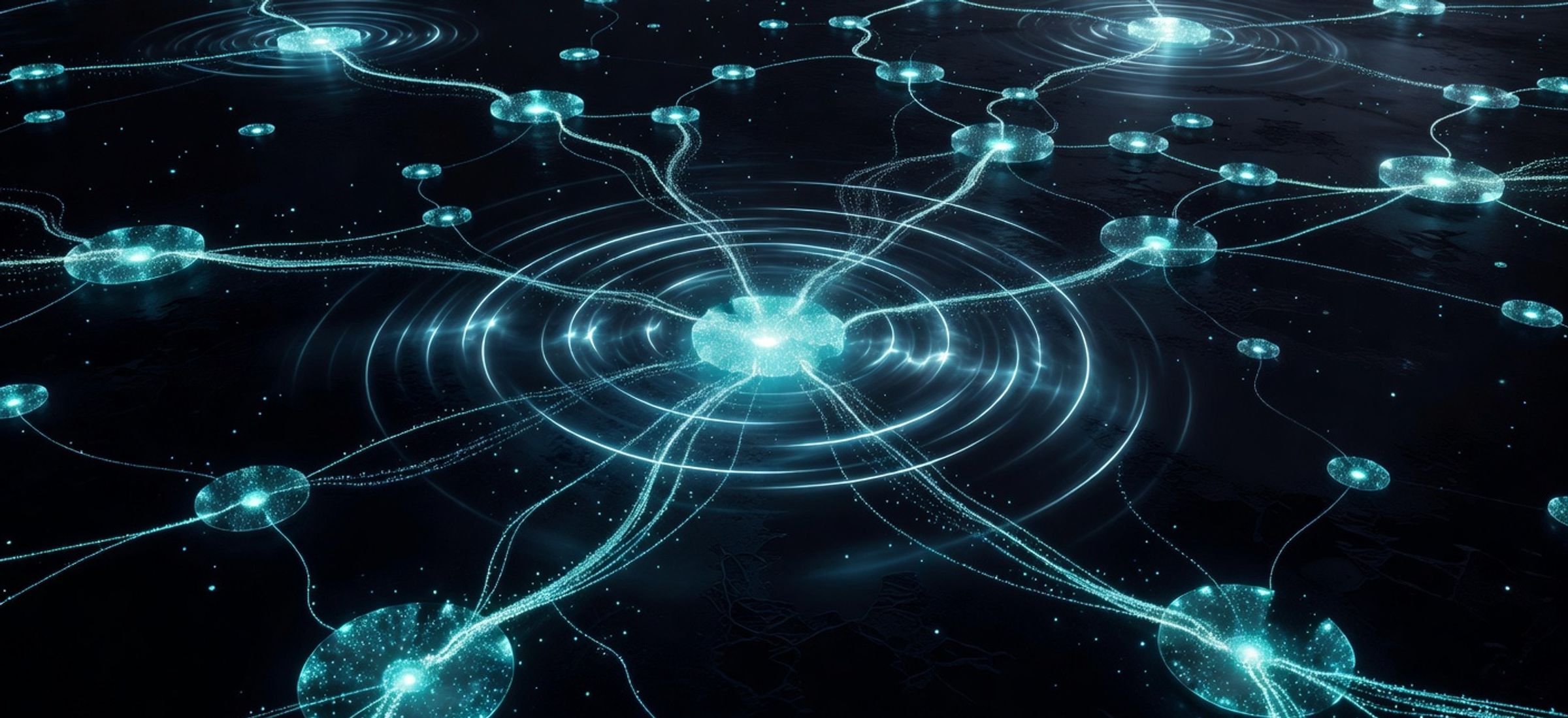 Abstract visualization of Solana network nodes connected by electric cyan data streams, representing the Alpenglow consensus upgrade