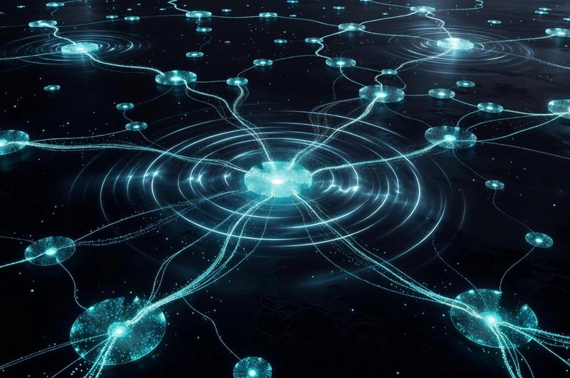 Abstract visualization of Solana network nodes connected by electric cyan data streams, representing the Alpenglow consensus upgrade