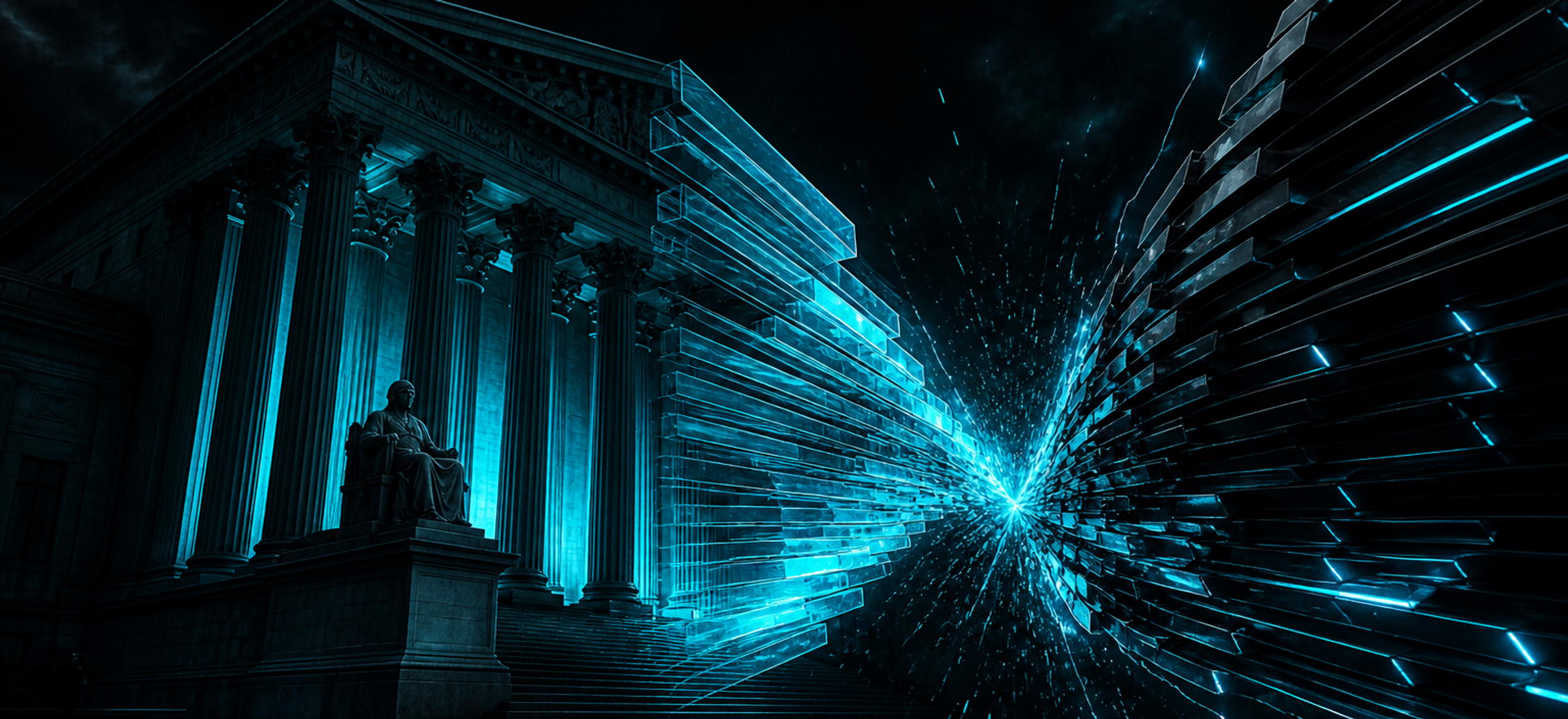 Dark editorial illustration of a courthouse meeting electric cyan digital shards, Terminal Luxe style