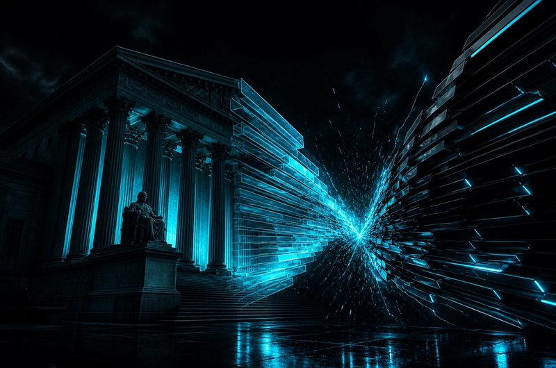 Dark editorial illustration of a courthouse meeting electric cyan digital shards, Terminal Luxe style
