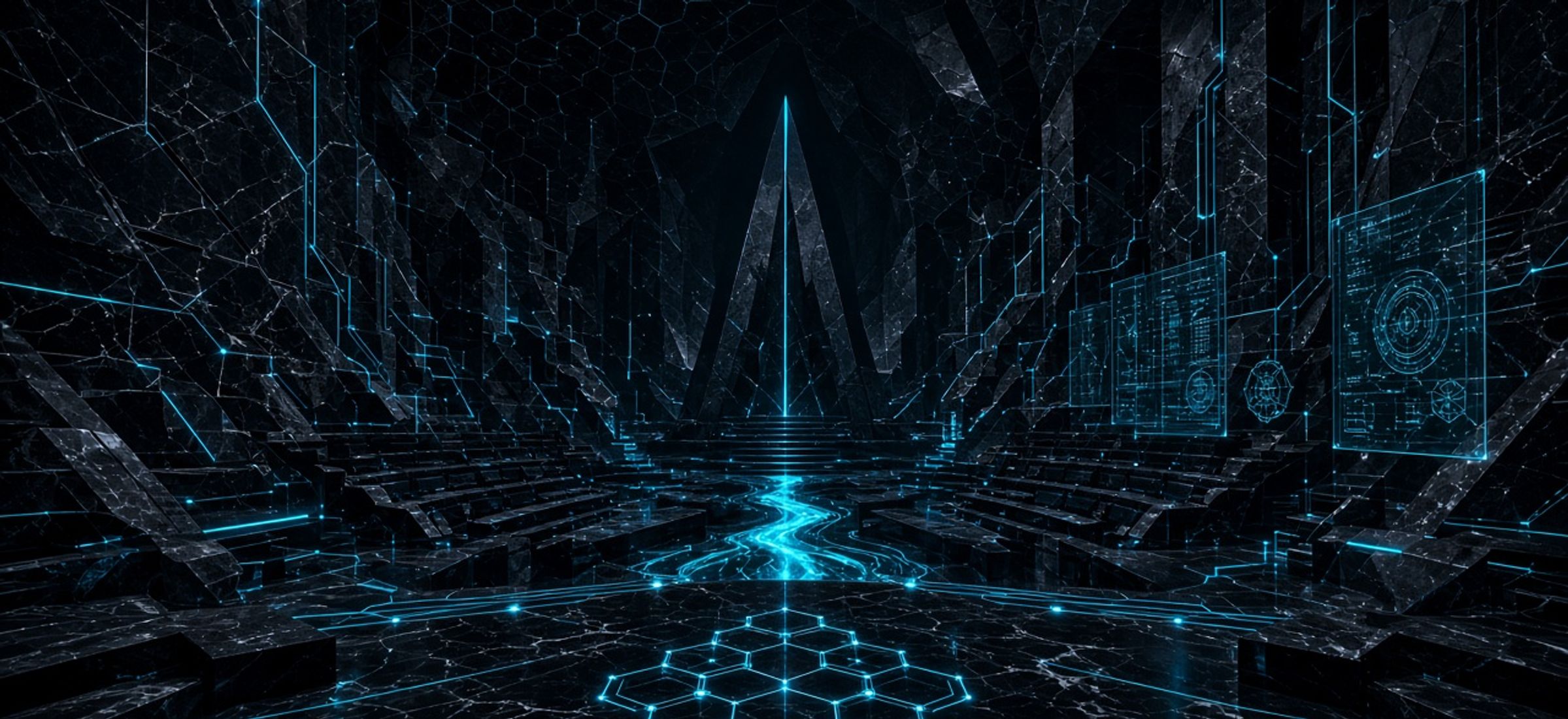 Abstract dark senate-like hall with electric cyan circuitry and hexagonal lattice