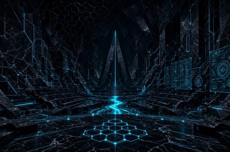 Abstract dark senate-like hall with electric cyan circuitry and hexagonal lattice