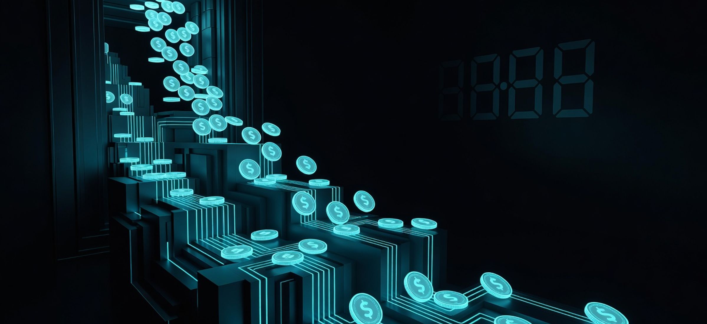 Glowing cyan digital dollar stablecoins flowing through federal regulatory vault architecture on dark obsidian background