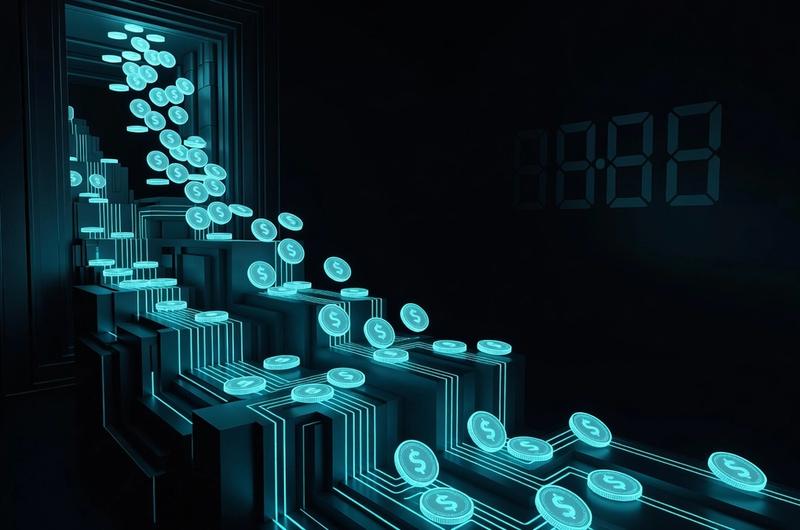 Glowing cyan digital dollar stablecoins flowing through federal regulatory vault architecture on dark obsidian background