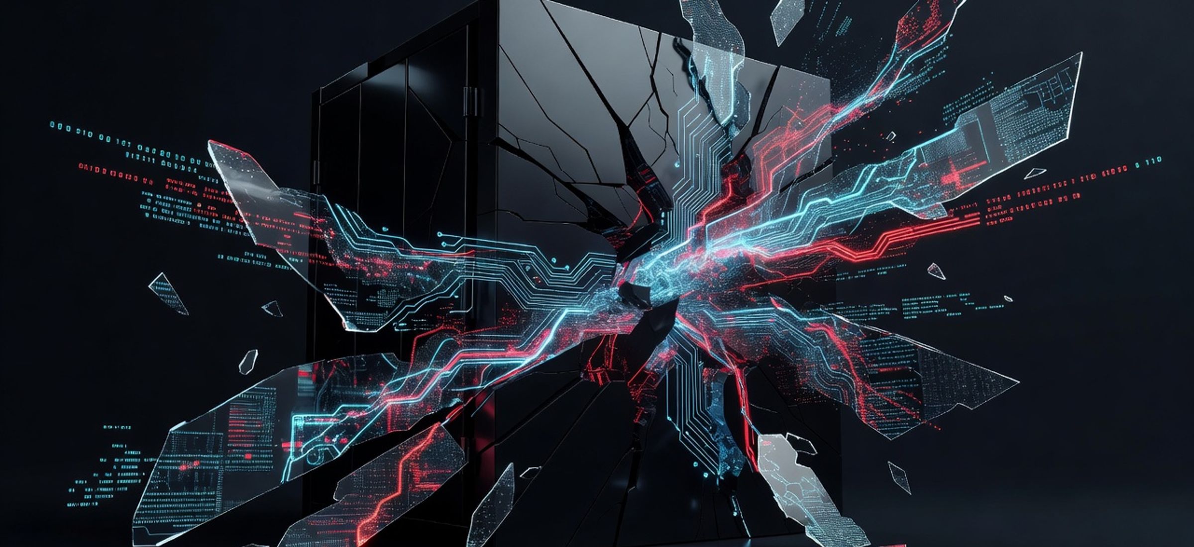 Cracked DeFi vault with AI circuit patterns and cyan warning accents on dark background