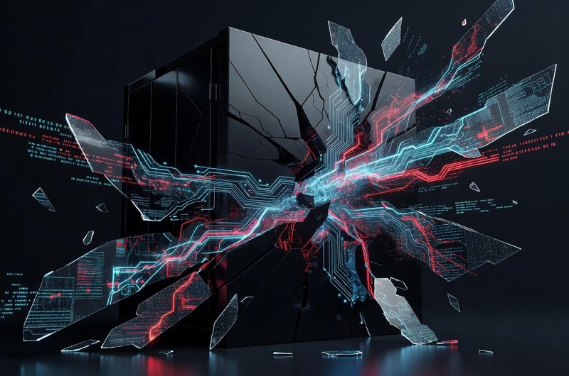 Cracked DeFi vault with AI circuit patterns and cyan warning accents on dark background