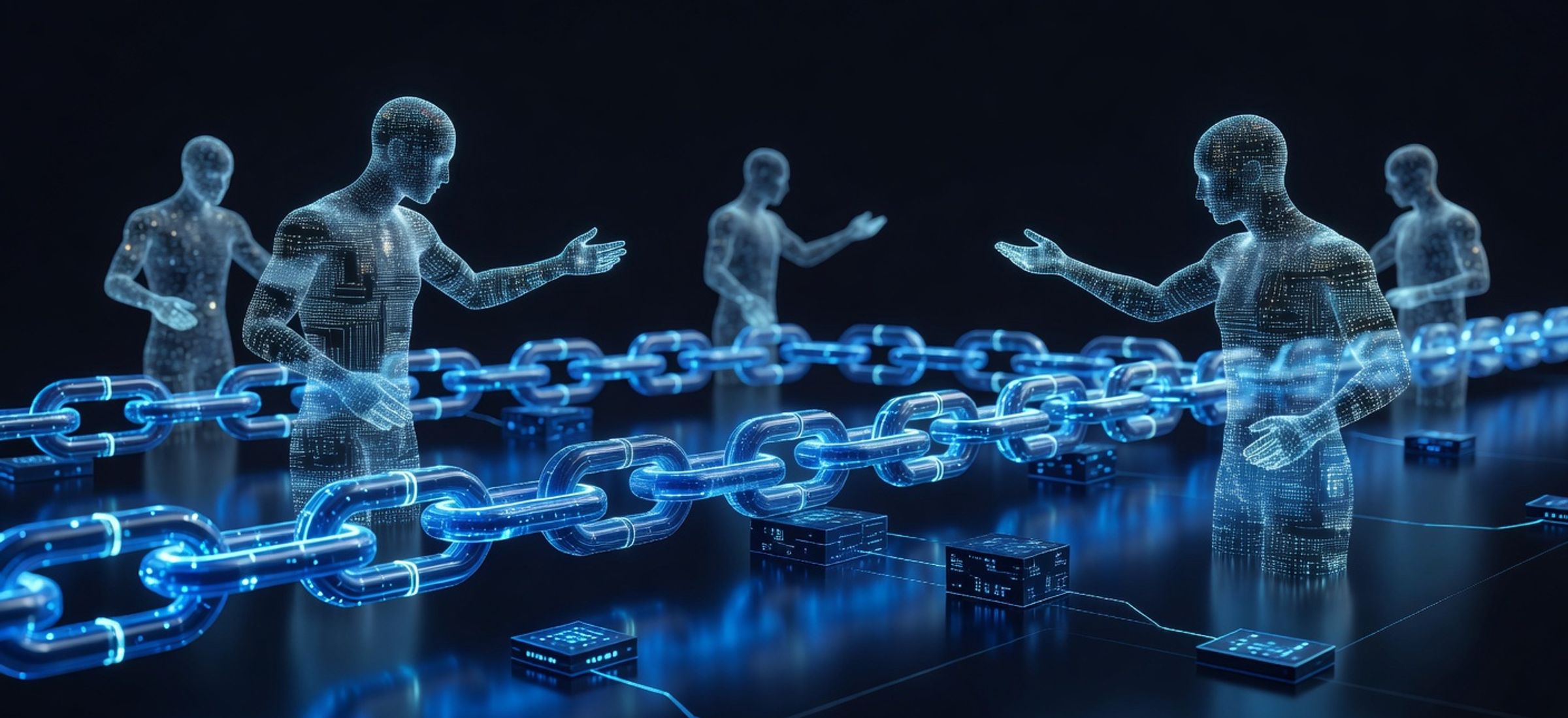 Futuristic AI agents transacting autonomously on blockchain networks with glowing payment flows