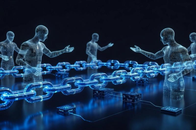 Futuristic AI agents transacting autonomously on blockchain networks with glowing payment flows