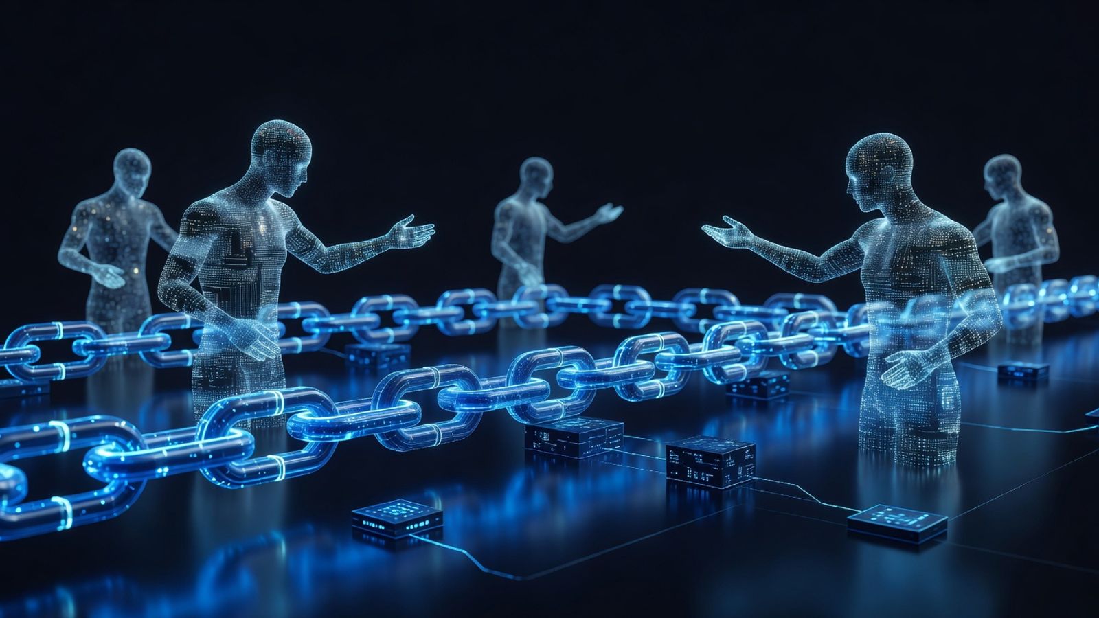 Futuristic AI agents transacting autonomously on blockchain networks with glowing payment flows