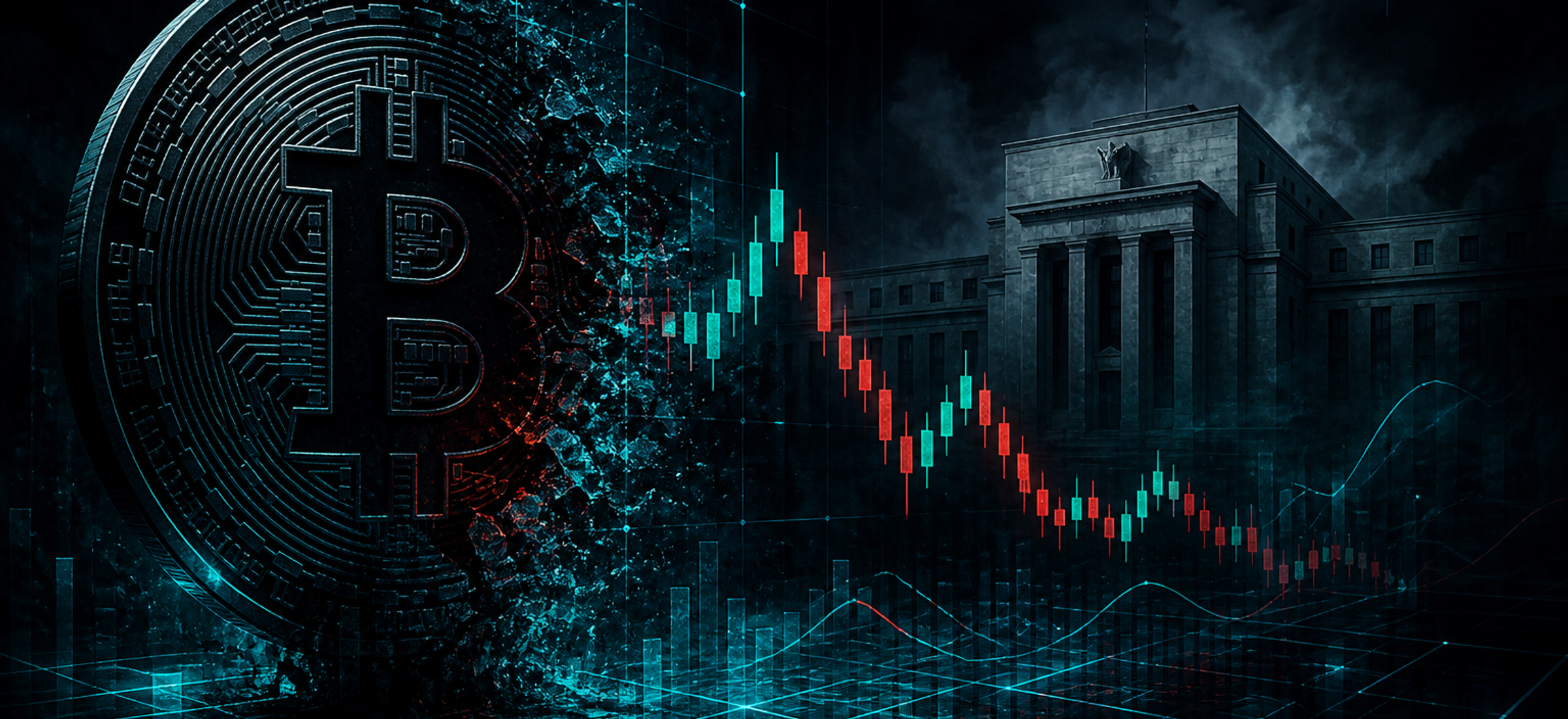 Dark editorial illustration of a falling bitcoin against a Fed rate path, obsidian and electric cyan