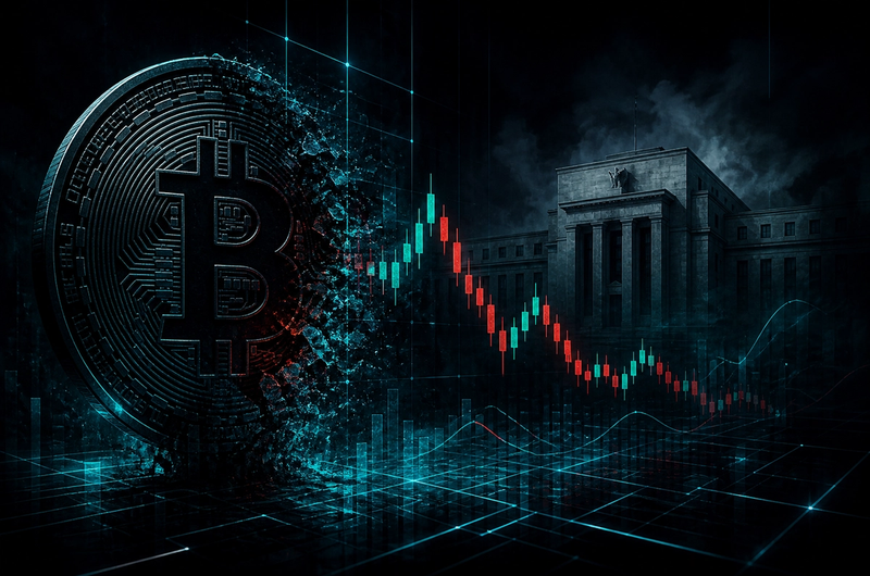 Dark editorial illustration of a falling bitcoin against a Fed rate path, obsidian and electric cyan