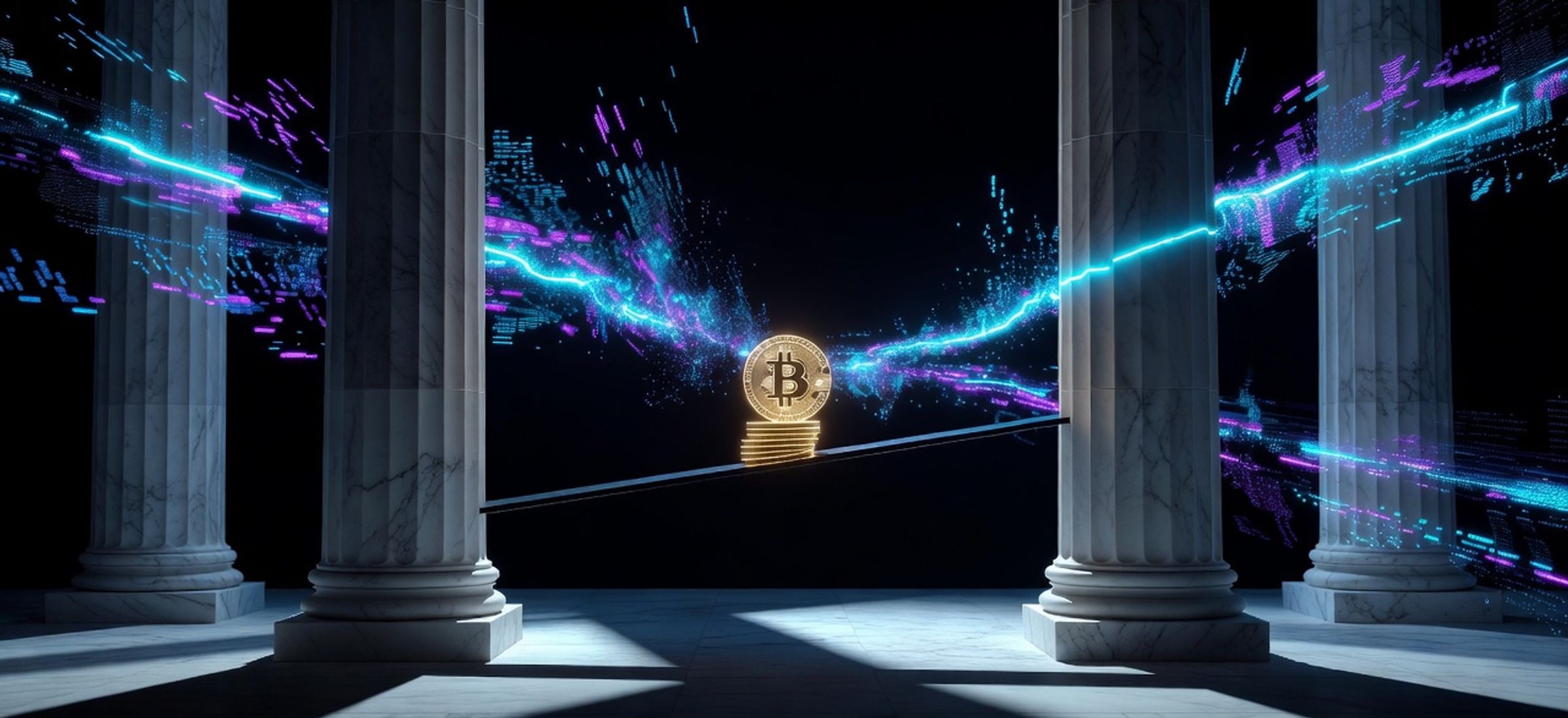 Abstract dark editorial illustration of Federal Reserve pillars and glowing Bitcoin coins with cyan neon accents