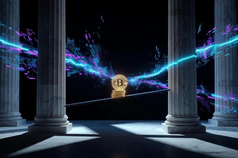 Abstract dark editorial illustration of Federal Reserve pillars and glowing Bitcoin coins with cyan neon accents