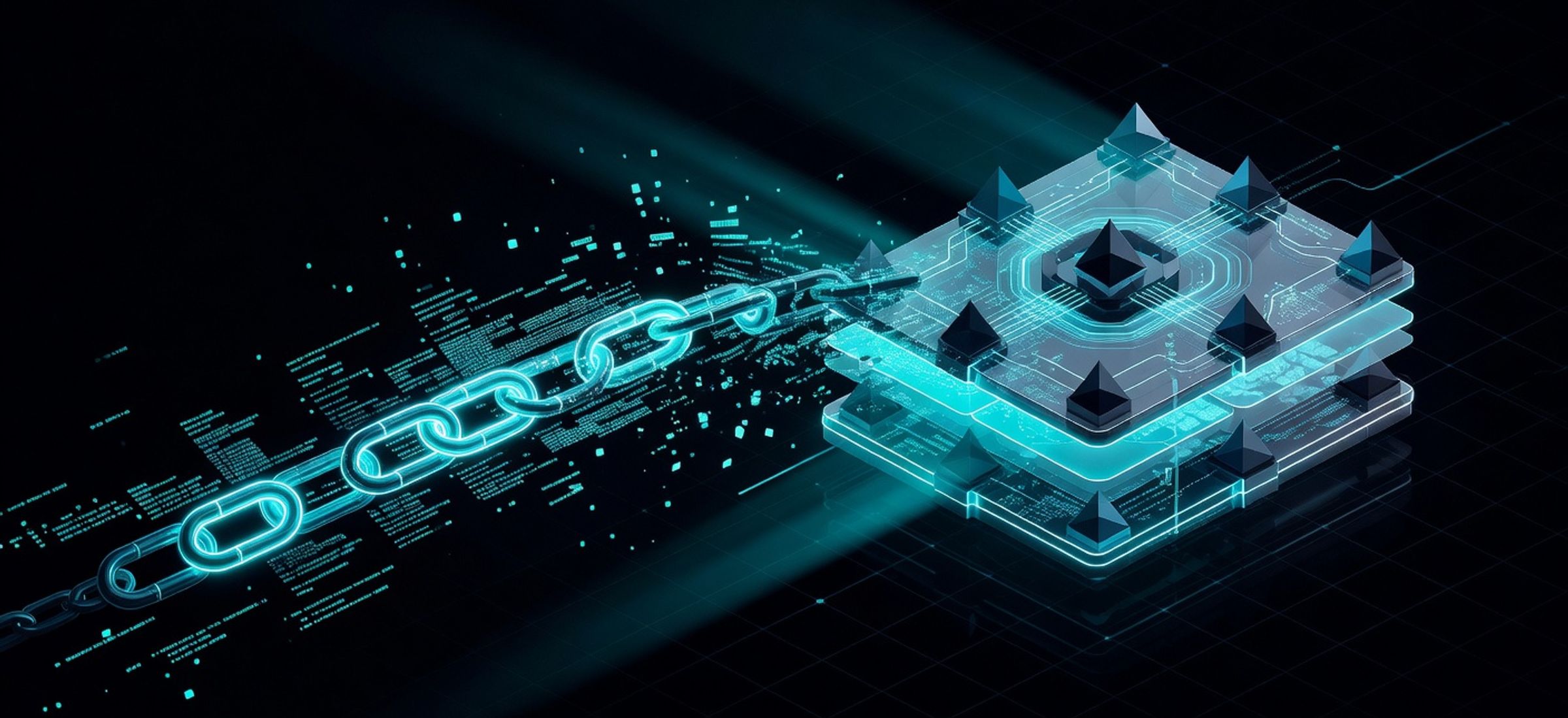 Abstract illustration of a gaming blockchain migrating to Ethereum L2 with cyan neon accents