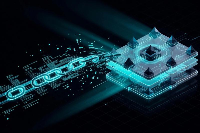 Abstract illustration of a gaming blockchain migrating to Ethereum L2 with cyan neon accents