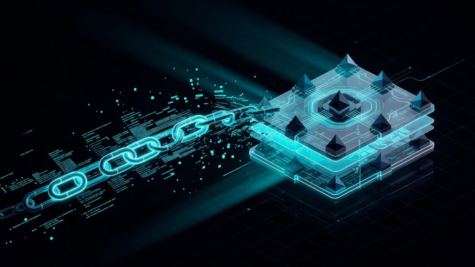 Abstract illustration of a gaming blockchain migrating to Ethereum L2 with cyan neon accents