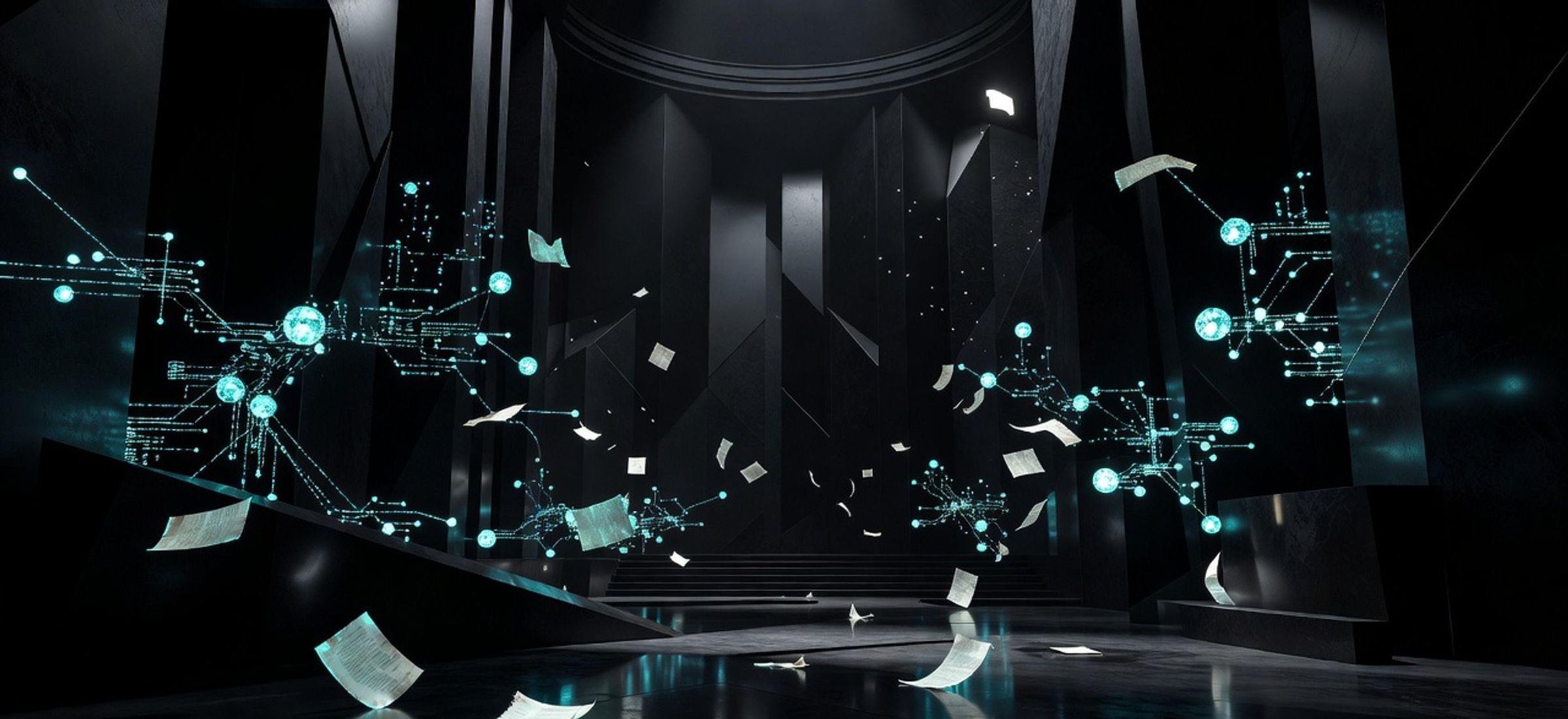 Abstract U.S. Senate chamber with electric cyan data nodes, dark editorial aesthetic