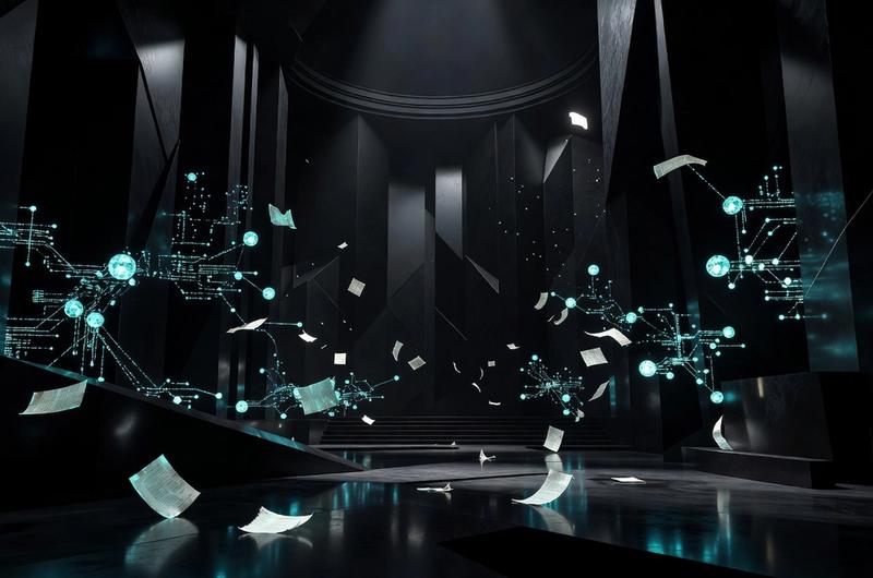 Abstract U.S. Senate chamber with electric cyan data nodes, dark editorial aesthetic