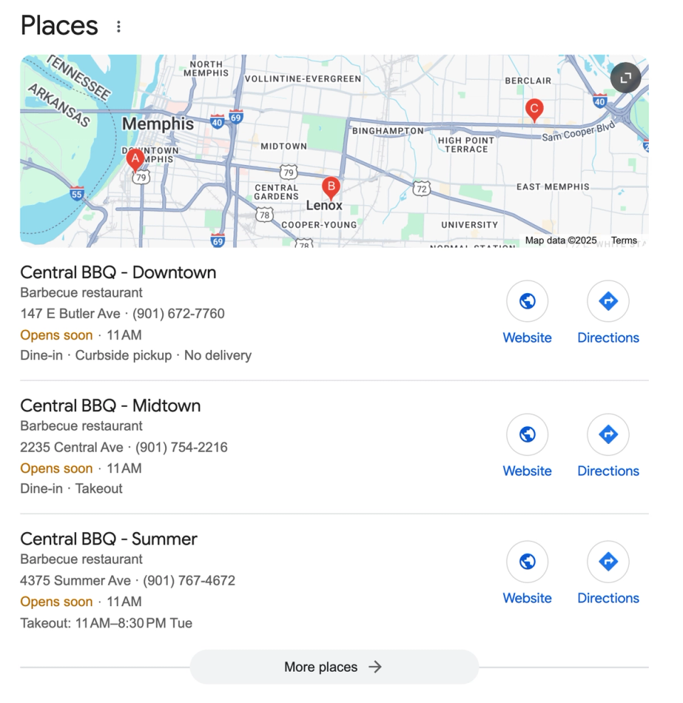 "Places" screenshot on Google showing 3 locations for Central BBQ in Memphis along with their phone number and whether or not they're open