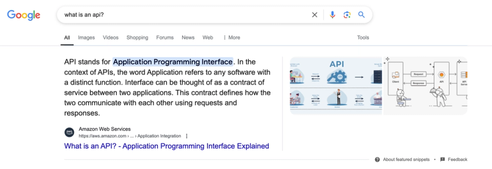 Google result for "What is an api?" Showcasing a snippet from an AWS blog post explaining what an API is in enough detail where a user may not click the original link