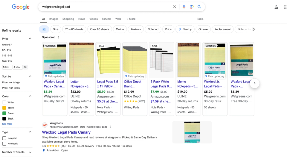 Screenshot of a "shopping" result from Google search of "Walgreens legal pad" showcasing 8 products in a grid (2 from walgreens, the rest from other vendors) and one regular result below. The grid is all "sponsored"