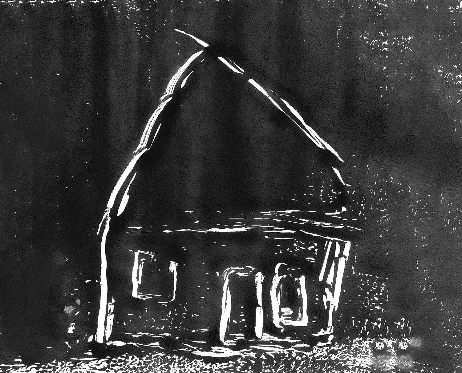 Eine Schwarz-Weiss-Abbildung eines Kunstwerkes zeigt eine dunkle Farbfläche, in welche die Umrisse eines Hauses gezeichnet wurden.