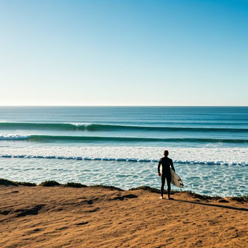 Surfer on beach with perfect waves