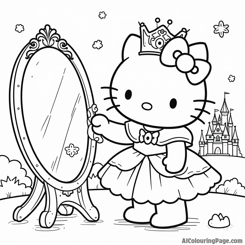 Hello Kitty playing dress-up in a princess costume with a crown, a mirror, and a magical castle in the background