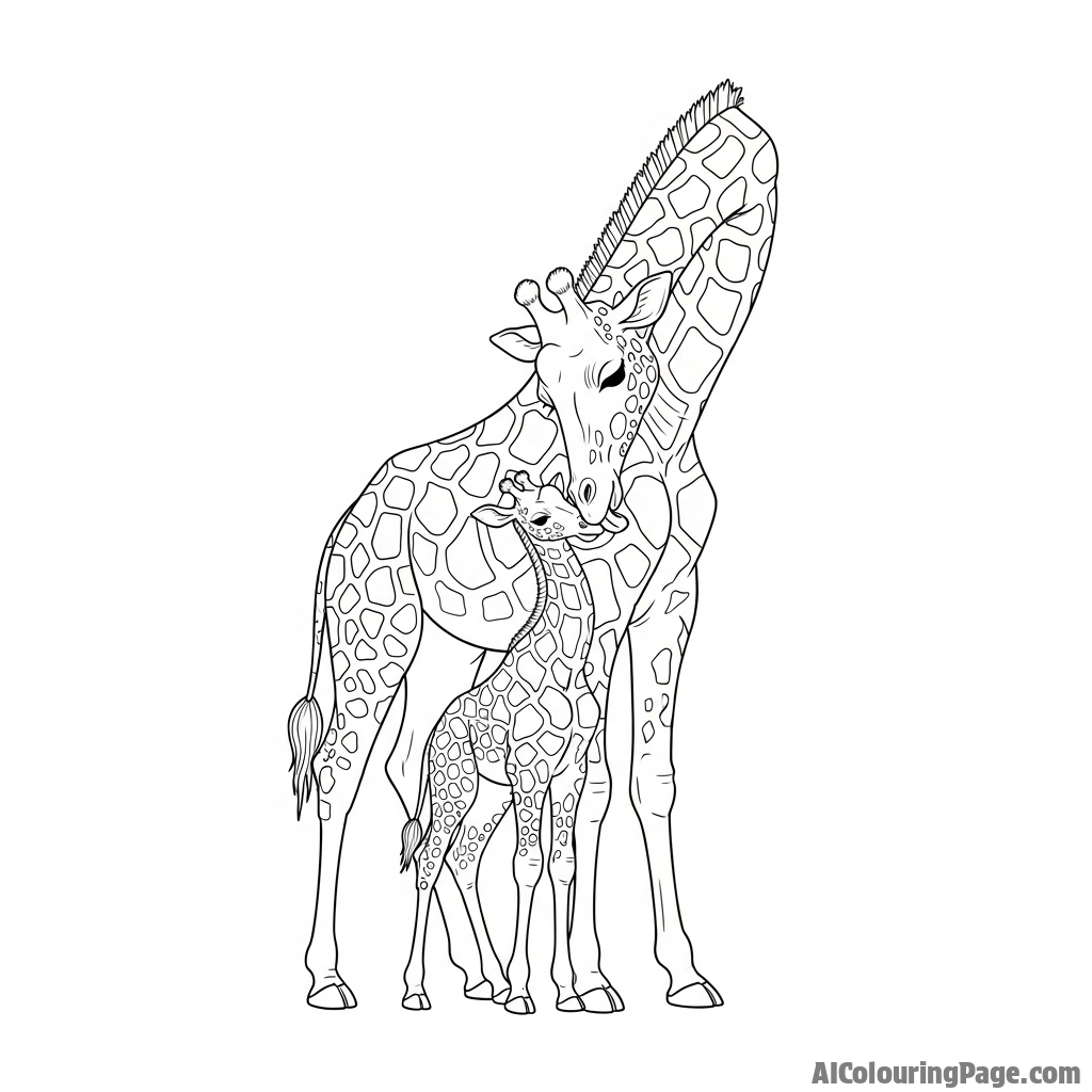 A tender moment as a mother giraffe gently cleans her newborn calf.