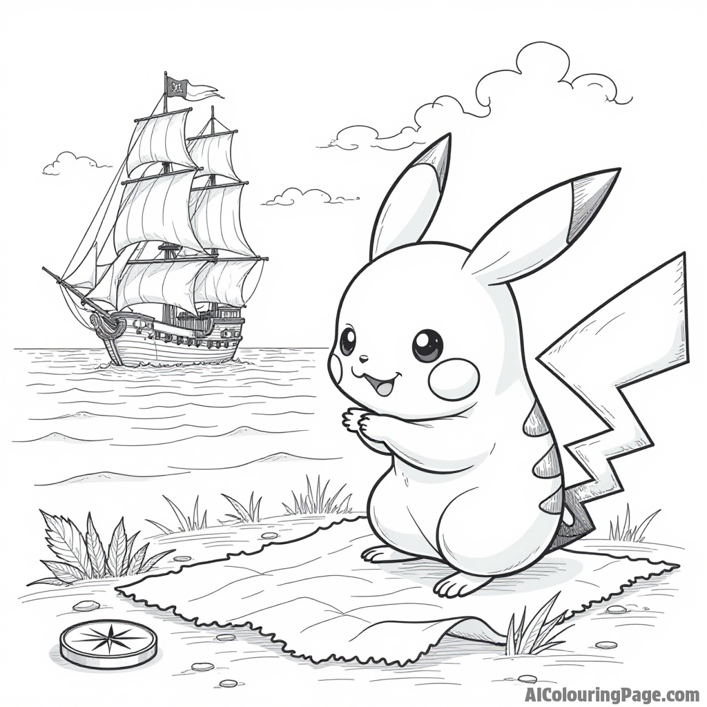 Pikachu discovering a treasure map with a compass and a pirate ship in the background