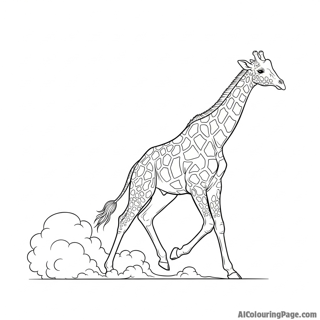 A dynamic photograph of a giraffe in a full, powerful gallop, dust kicking up.