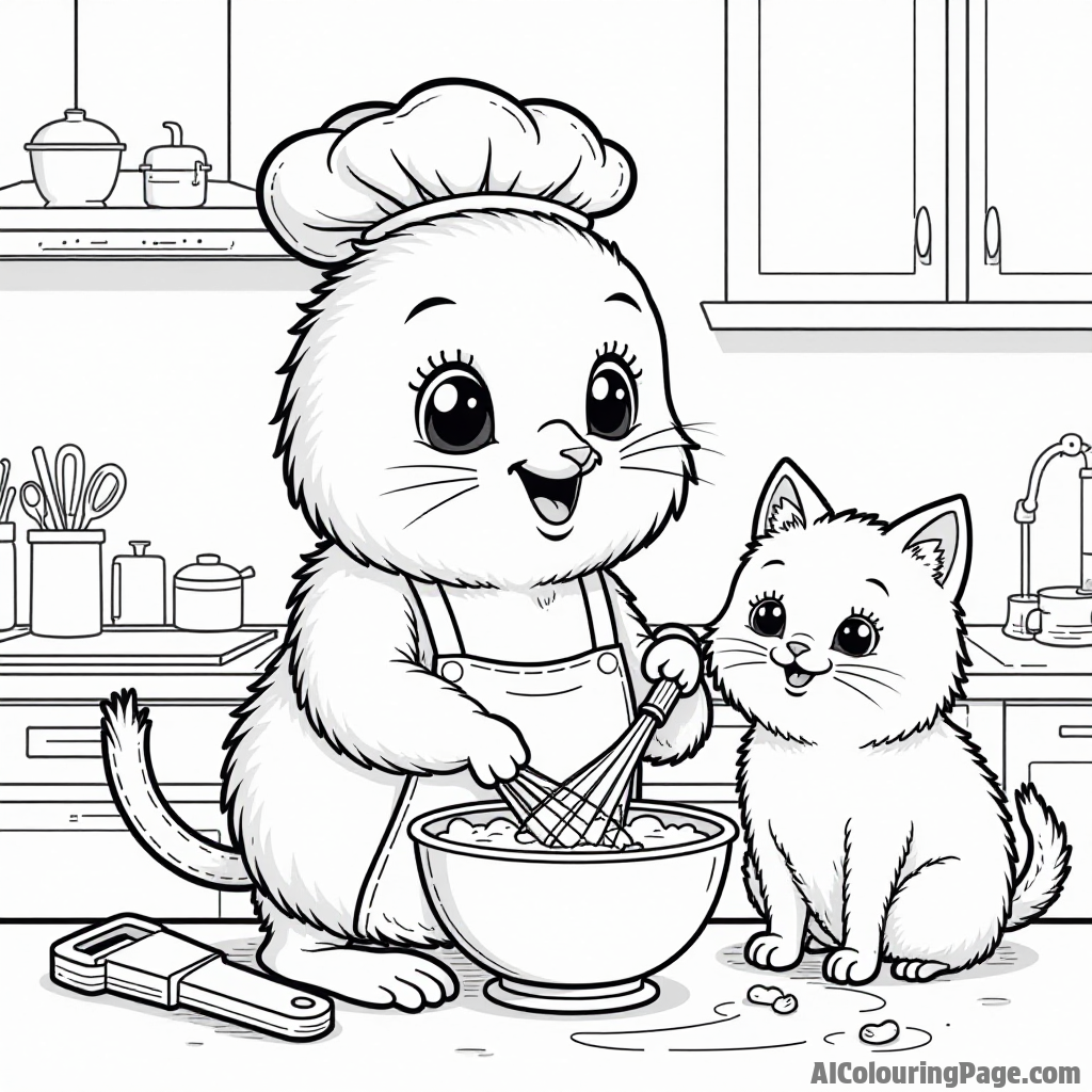 A happy kiwi character baking in a kitchen, with flour and baking tools scattered around, alongside a friendly cat.