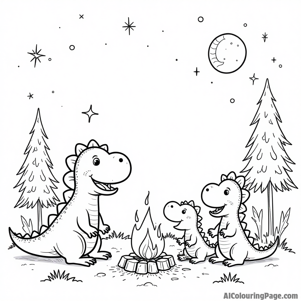 A friendly dinosaur family gathered around a campfire at night, sharing stories under a starry sky.