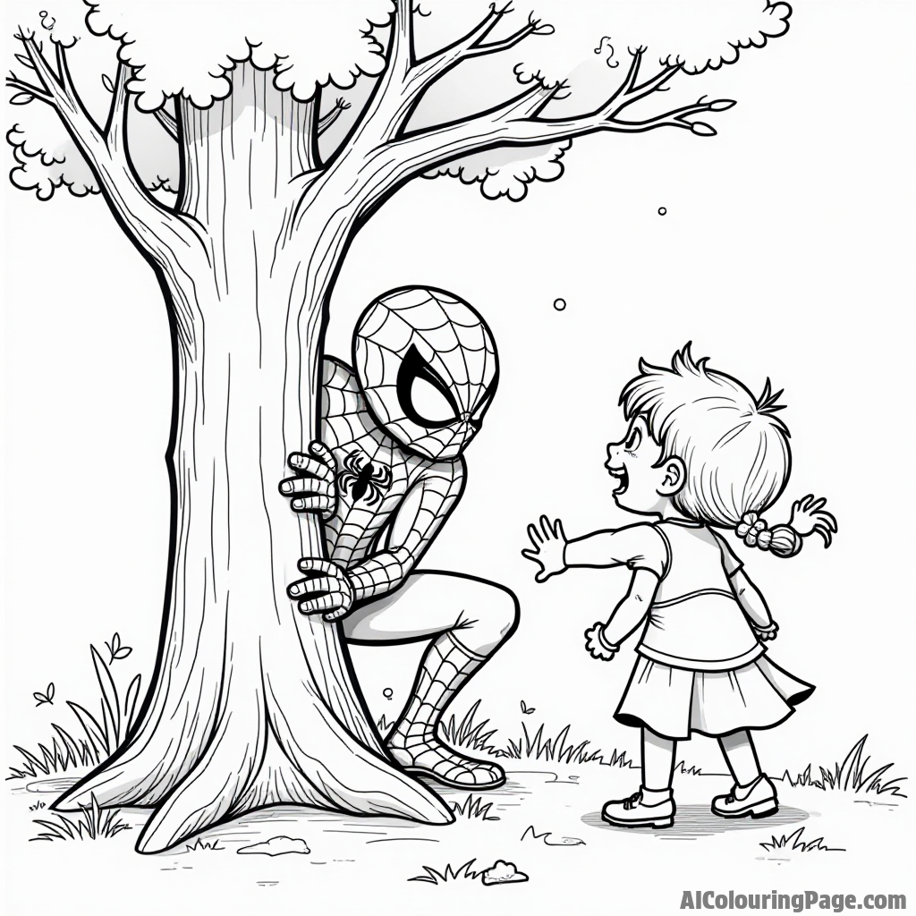 Spiderman playing hide and seek with children, hiding behind a tree, laughter and excitement in the air