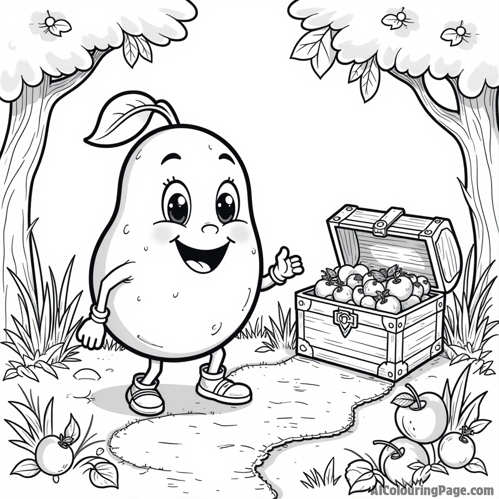 A playful fruit character exploring a treasure map, with a treasure chest filled with fruits at the end of the path.