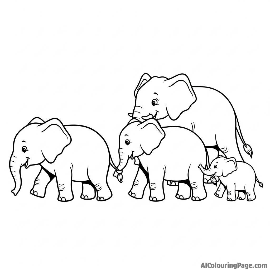 A family of elephants walking in a single file line, the smallest calf holding its mother's tail.