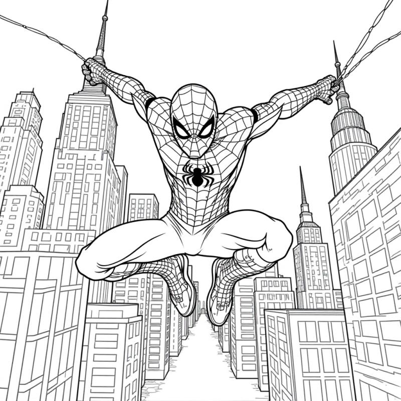 Spiderman swinging coloring page