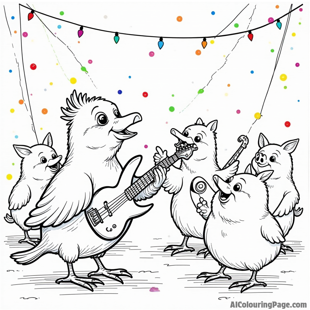 A bird playing in a band with other birds while pigs dance joyfully in the background under colorful lights