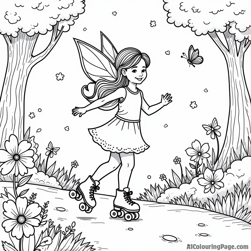 A whimsical scene of a fairy roller-skating in a magical forest, surrounded by flowers and butterflies, showcasing the enchanting side of sports activities for kids to explore.