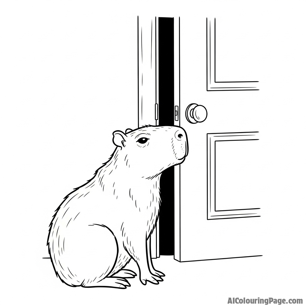 A capybara patiently waiting by a closed door.