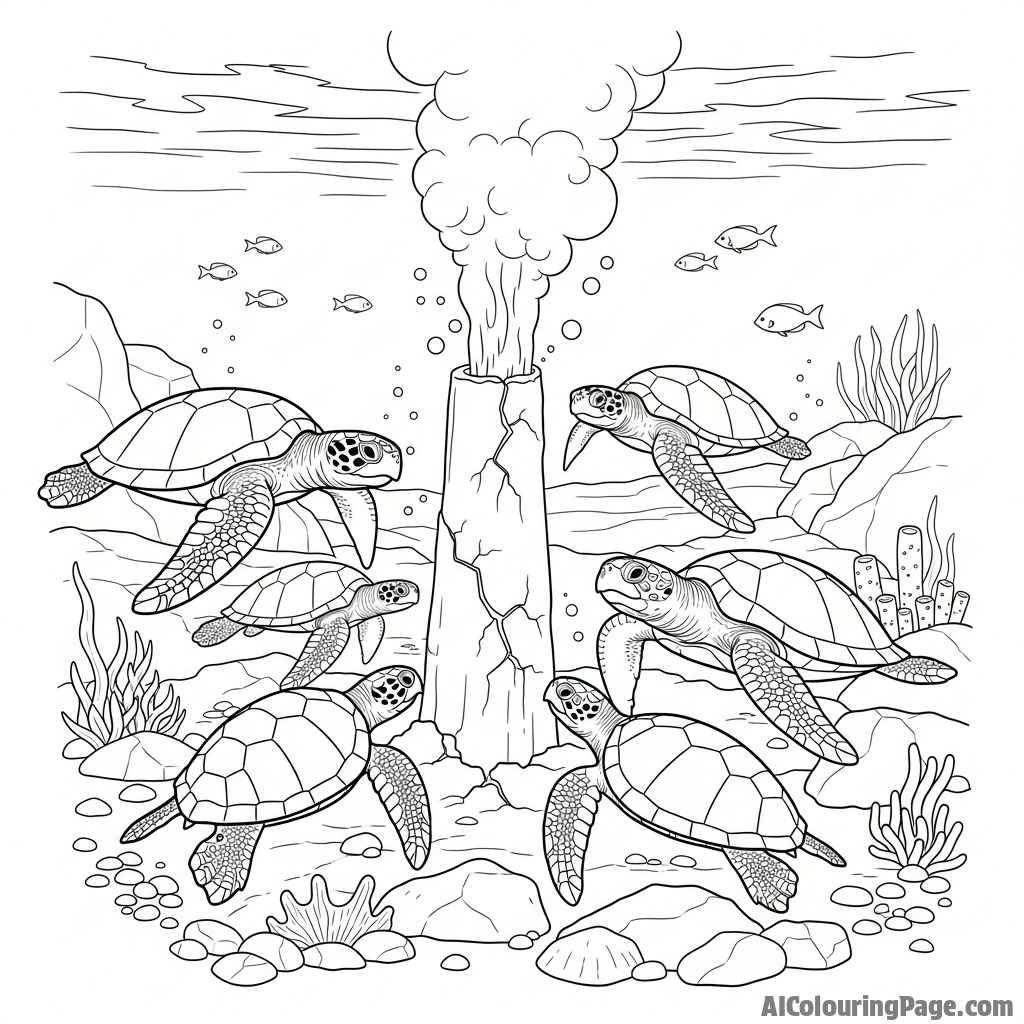 A group of turtles gathered around a geothermal vent on the ocean floor.